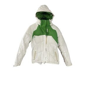 WOMENS HELLY HANSEN PUFFY SKI JACKET SIZE SMALL NATURAL SEGMENT WHITE / GREEN